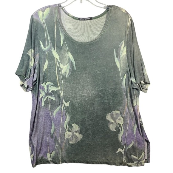 Distinctions Floral Print Top - Green Purple‎ Acetate Blend - 2X - Picture 1 of 7